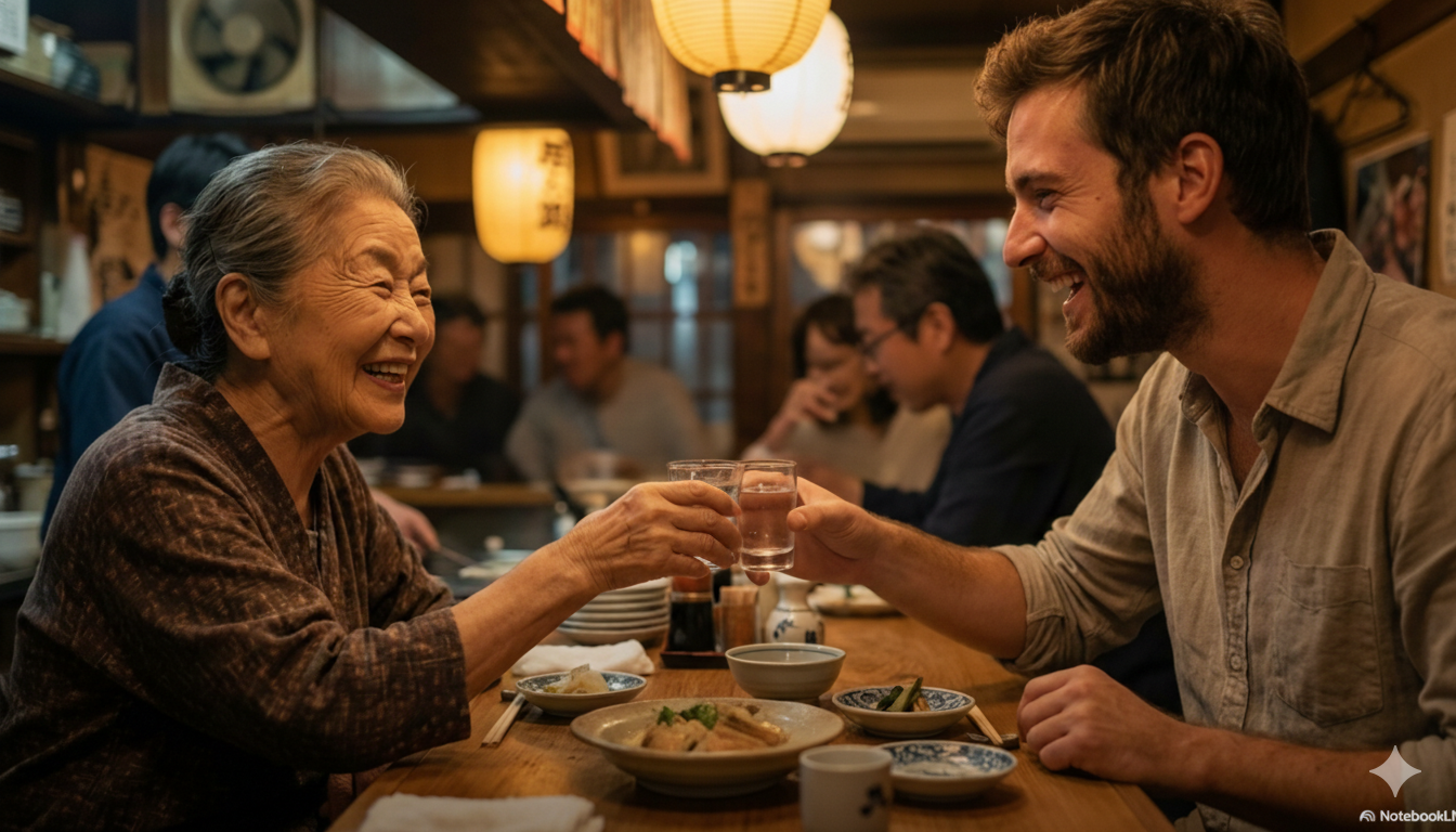 外国人ゲストと一緒に食事を楽しむホスト